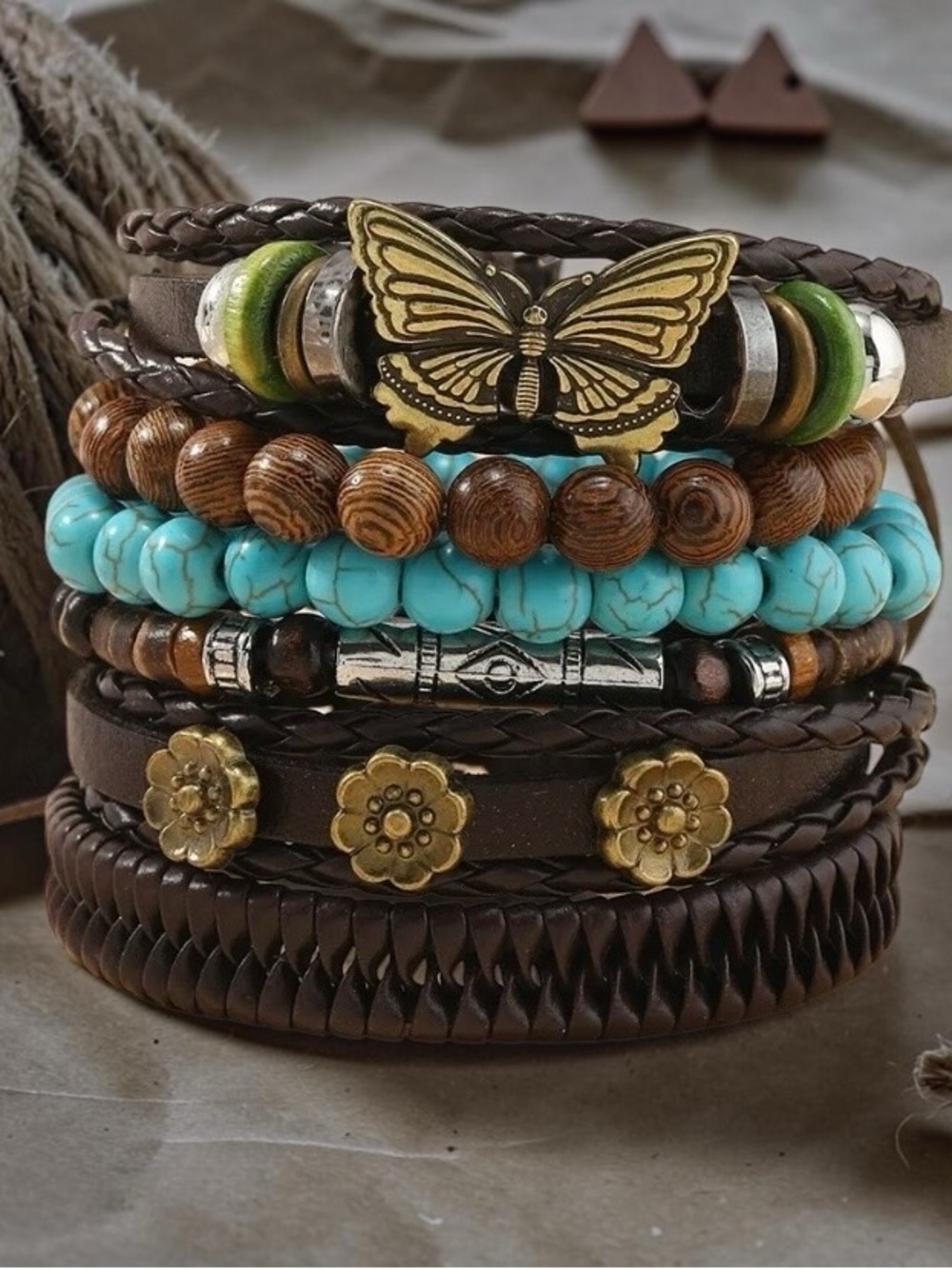 Boho Layered Bracelet Stack with Turquoise Beads & Butterfly Accent